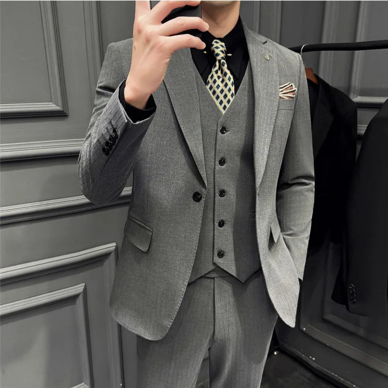 Men Suit Outfit Simple Solid Turn Down Collar Blazer Man Single-breasted Vest Straight-leg Pant Male Slim Wedding 3-piece Set
