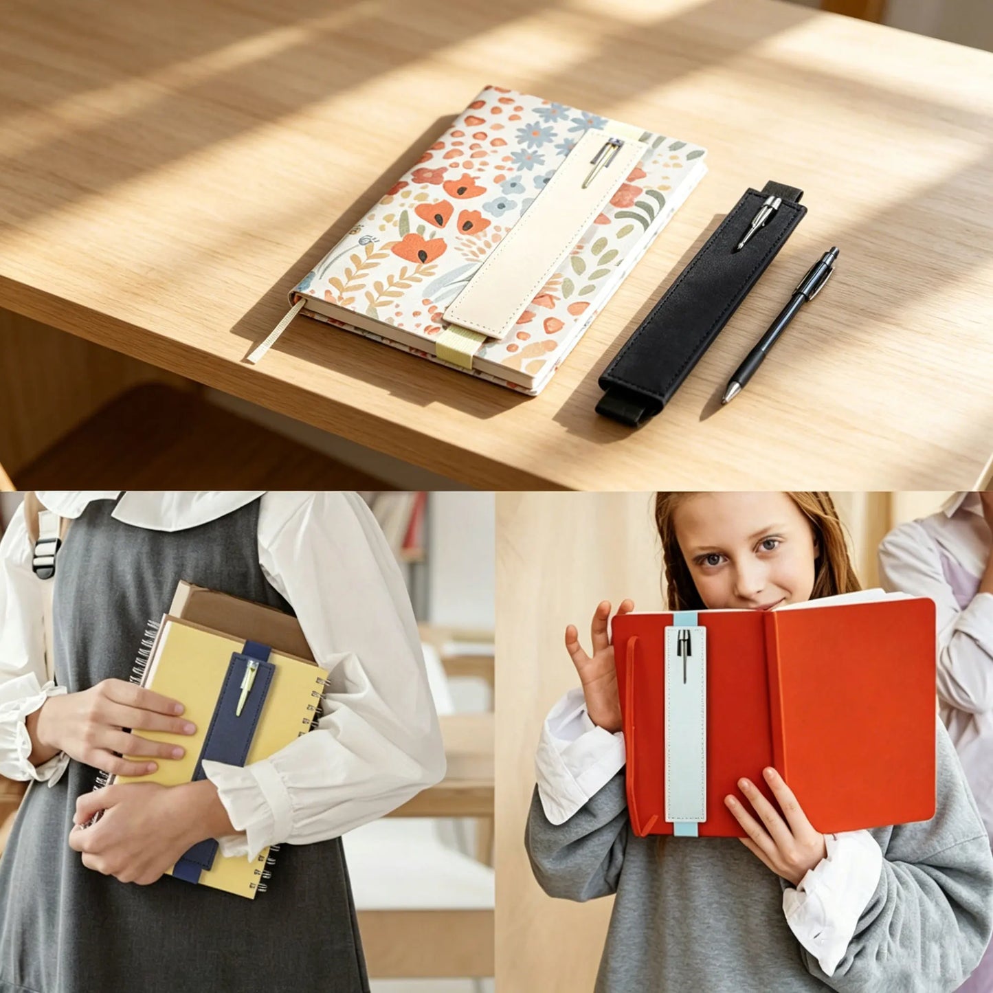 Pu Leather Pen Bag Elastic Buckle Book Notebook Fashion School Pen Case for Office Meeting Easy Carry Office Student Stationery