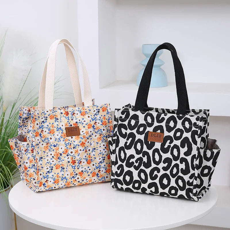 New floral print thickened fabric handbag, lunch bag, portable lunch box storage bag, zipper design, multifunctional tote