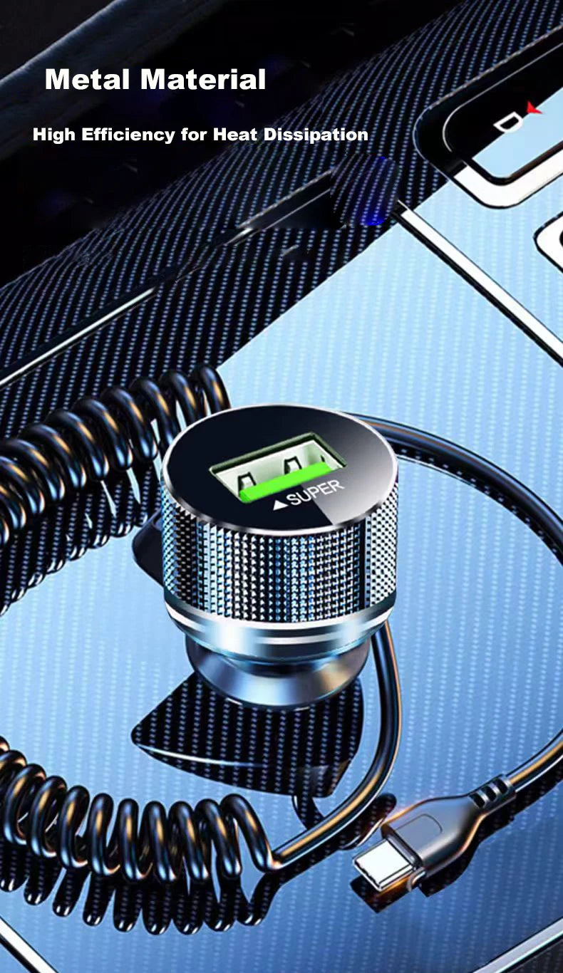 Ładowarka samochodowa EDEBA Metal USB z kablem Type-C 12 V Super szybkie ładowanie, adapter samochodowy 2 w 1 do iPhone'a, Samsunga, Huawei, VIVO, OPPO