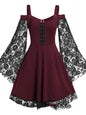 2022 New Gothic One-shoulder Lace Stitching Flared Sleeve Dress Literary Vintage Autumn Grunge Black A-line Dress Punk Partywear