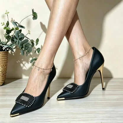Fashionable High Heels For Women With Light Mouth Square Buckle Rhinestone Slim Heels Single Shoes Pointed Toe High-End Shoes