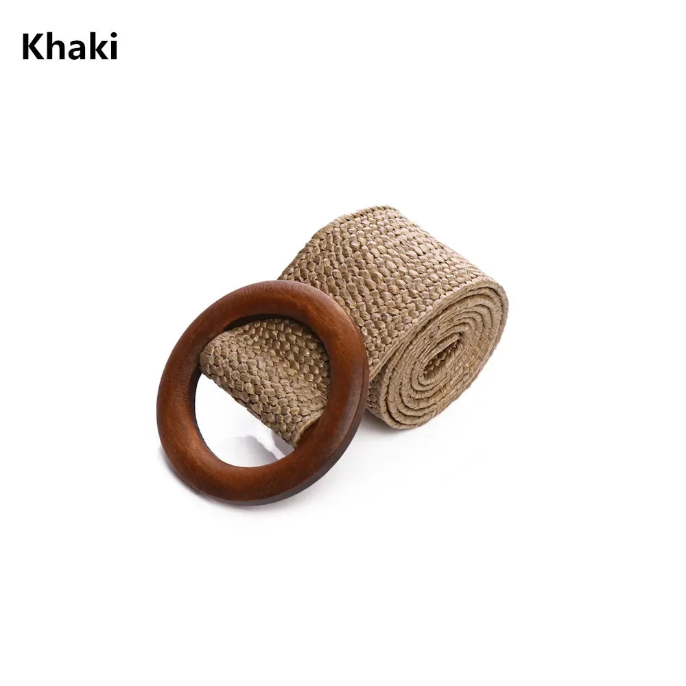 1PC Women Fashion Casual Straw Belt Round Wooden Buckle Elastic Waist Chain Belly Necklace Body Jewelry Dress Shirt Accessories