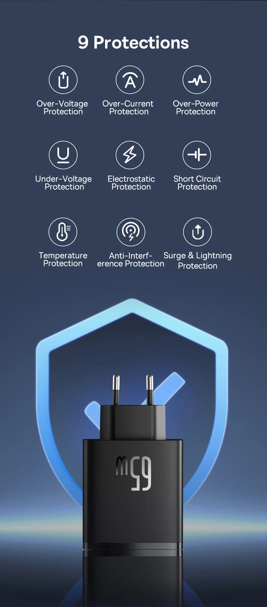 Ładowarka Baseus 65W USB C GaN, wspiera ładowanie QC PD, przenośna szybka ładowarka do iPhone'a 17 16 15, Xiaomi, ładowarka do laptopa