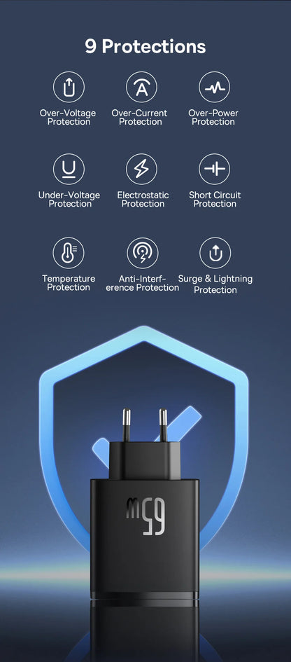 Ładowarka Baseus 65W USB C GaN, wspiera ładowanie QC PD, przenośna szybka ładowarka do iPhone'a 17 16 15, Xiaomi, ładowarka do laptopa