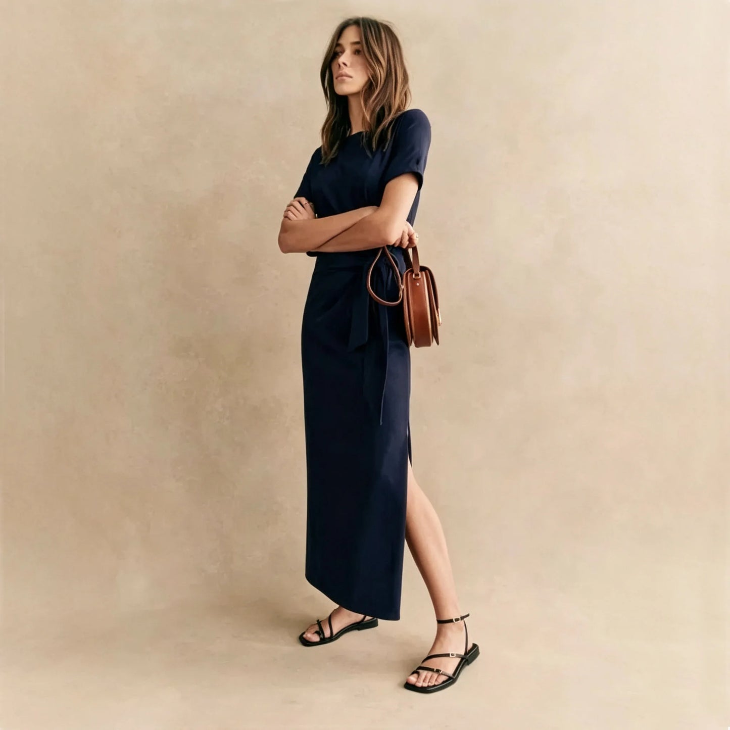 Summer Women French Chic Midi Dress Short Sleeve Side Tie Knot Ruched Wrap Dress Solid Side Slit Slim Fit Vacation Long Dress