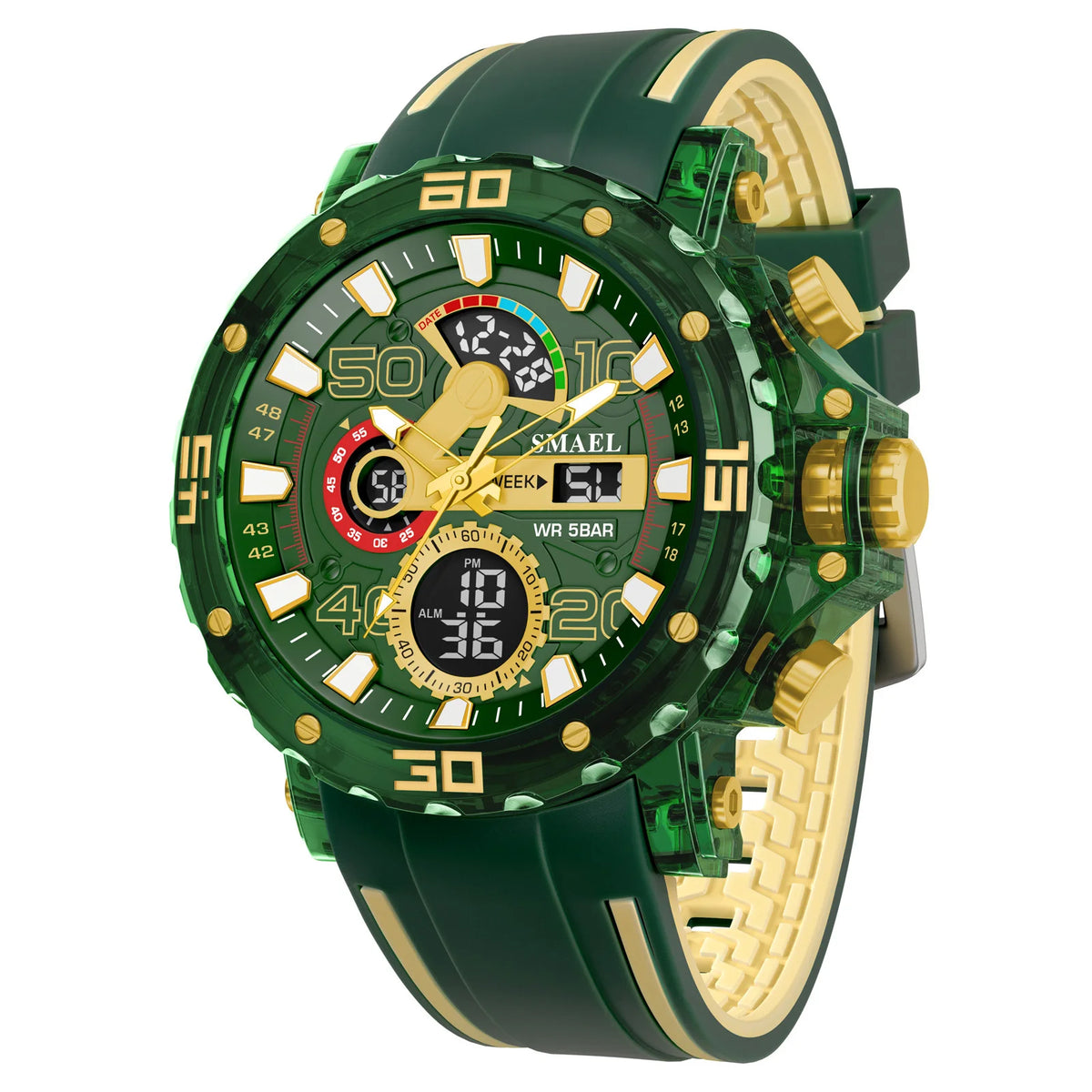 SMAEL 8136 Dual Display Military Watch for Men - 50M Waterproof LED Alarm Chronograph Stopwatch Shock Resistant