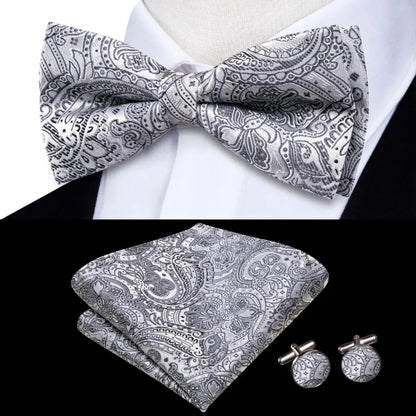 Hi-Tie Mens Bow Tie Hanky Cufflinks Set White Black Gray Silver Pre-tied Butterfly Knot Bowtie for Male Wedding silk Business