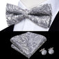 Hi-Tie Mens Bow Tie Hanky Cufflinks Set White Black Gray Silver Pre-tied Butterfly Knot Bowtie for Male Wedding silk Business