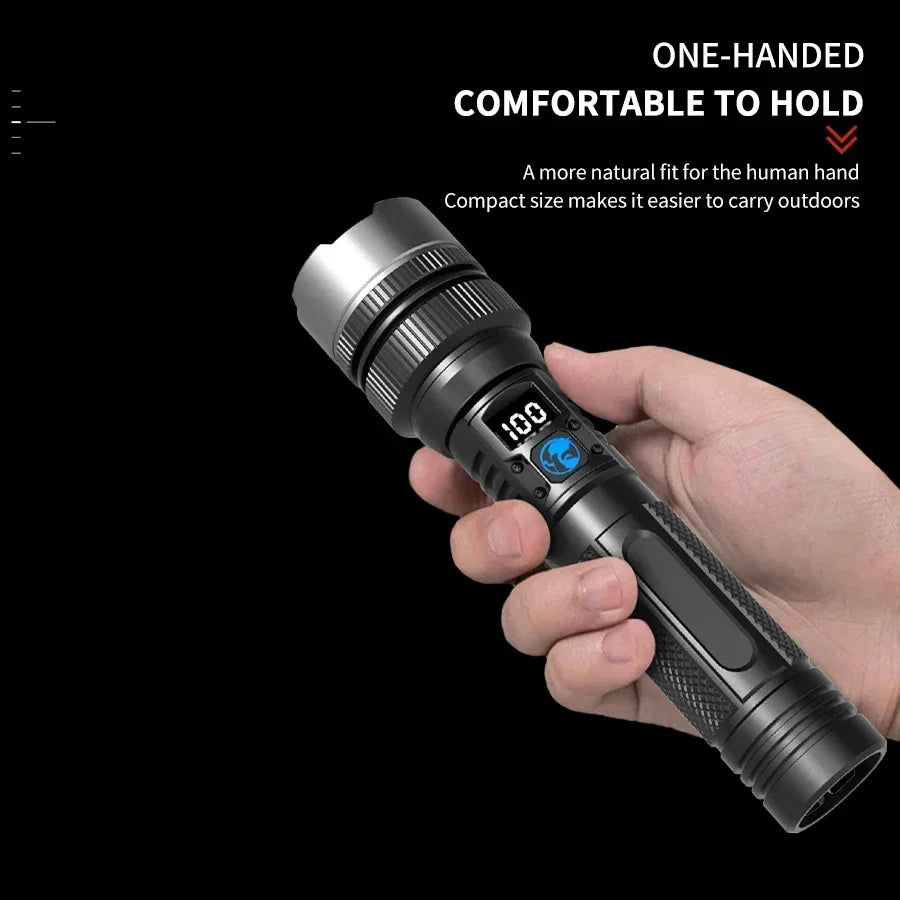 900000LM Powerful LED Flashlight Type-c Rechargeable Zoom Torch with Digital Display Handheld Flashlights for Camping Hiking
