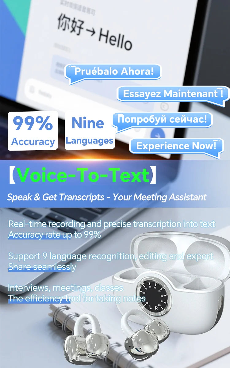 A80 Newest AI Translation Headphones Wireless Bluetooth 6.0 Earbuds 164 Languages Real-Time Translator Noise Cancelling