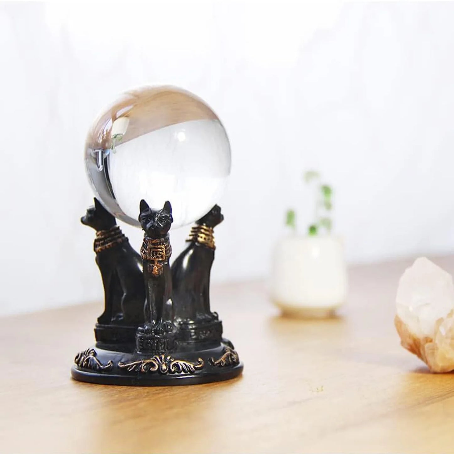 Egyptian-Style Black Cat Crystal Ball Display Stand Resin Mythical Beast Ornament Desktop Crystal Ball Base Storage Rack