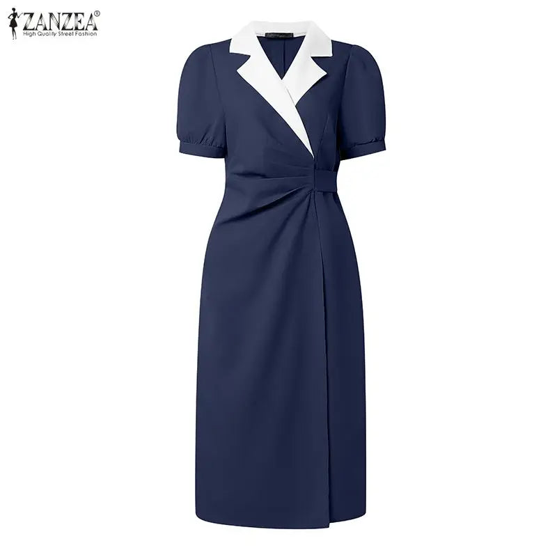 ZANZEA Elegant vColor-Blocked Bodycon A-Line Midi Dress Lapel Collar Short Puff Sleeves Ruched Waist Office Work Vestidos