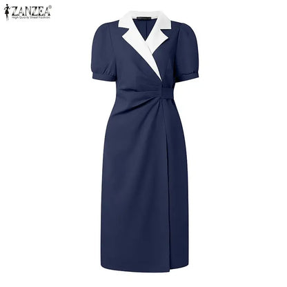 ZANZEA Elegant vColor-Blocked Bodycon A-Line Midi Dress Lapel Collar Short Puff Sleeves Ruched Waist Office Work Vestidos