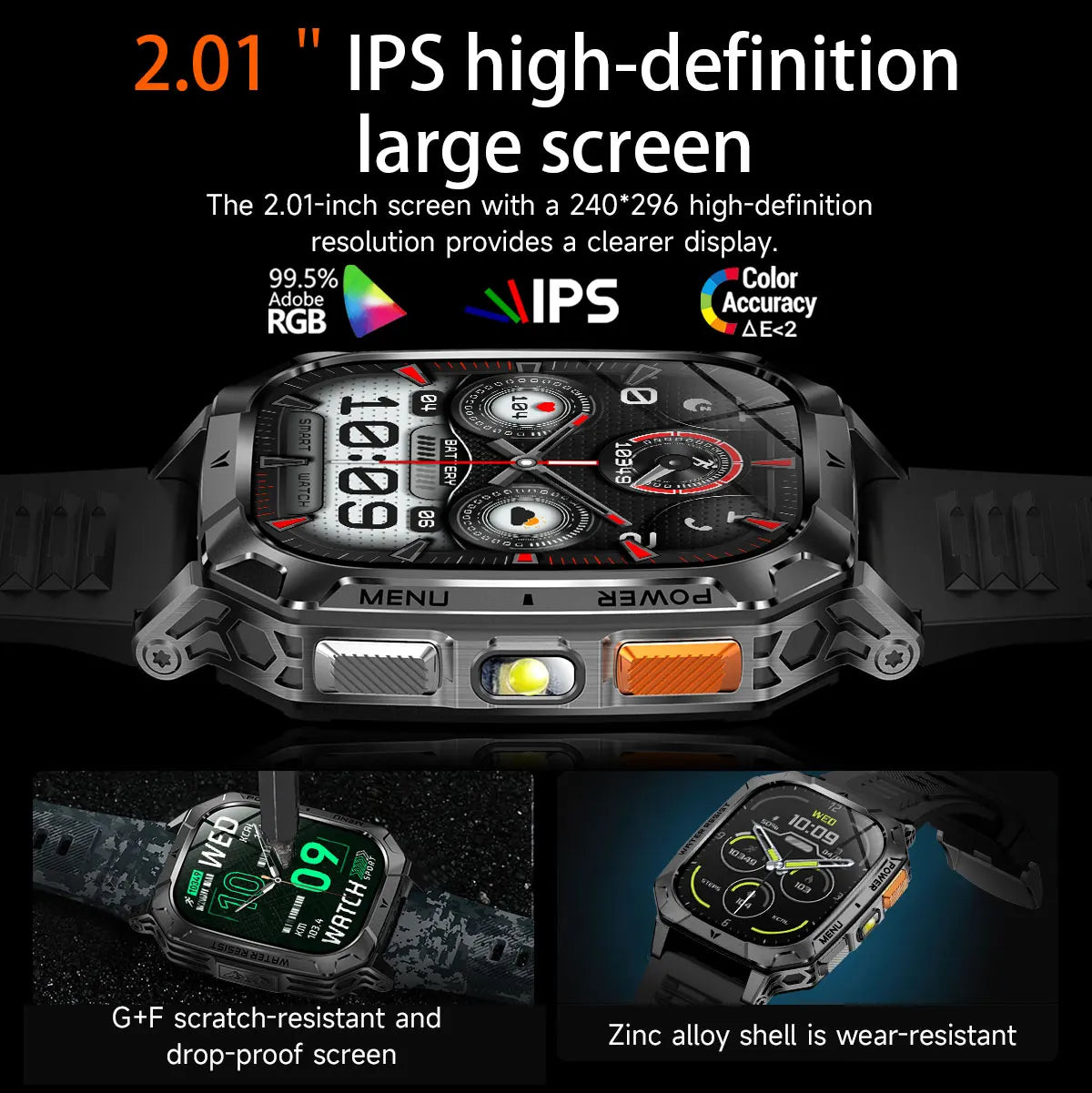 New Rugged Military Smart Watch Men 1400 mAh battery 2.01inch Bluetooth Call Health monitoring device LED flashlight Smart watch