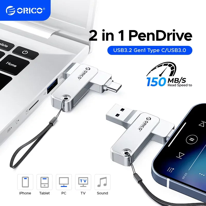 ORICO 128GB USB C Flash Drive Dual USB 3.2 Flash Drive Type C + USB A Portable Type-C Flash Drive 2-in-1 USB-C Thumb Drive