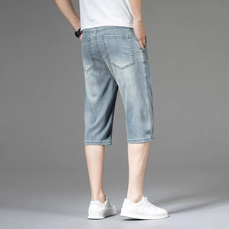Summer Men High Quality Lightweight Capri Pants Male New Loose Straight Leg Denim Pants Daily Comfortable Versatile Jeans
