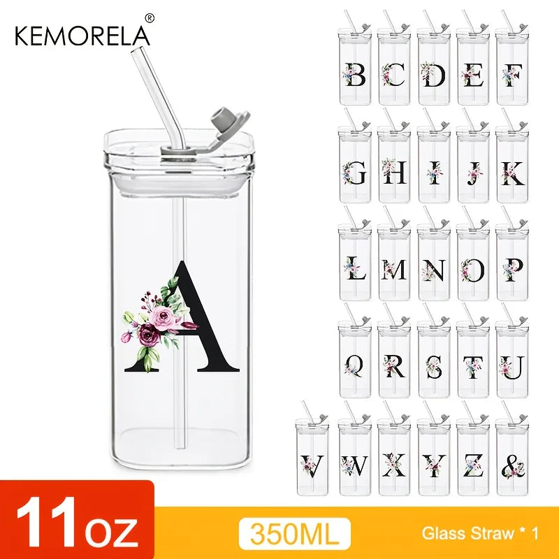 1PCS 24 Letter-Shaped Glass Tumblers with Lid And Straw Coffee Tumbler 300ML Clear Square Drinking Tumbler For Coffee Beer Milk