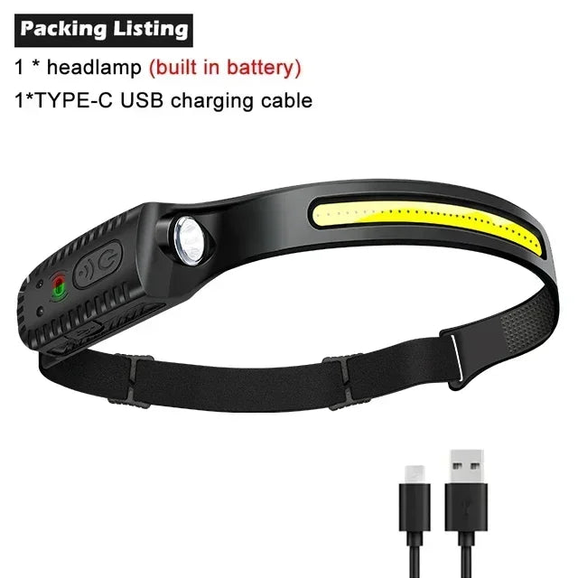 Indukcyjna latarka czołowa COB LED, ładowana przez USB, z wbudowanym akumulatorem, 5 trybów świecenia, lampka do użytku zewnętrznego, awaryjnego, wędkowania