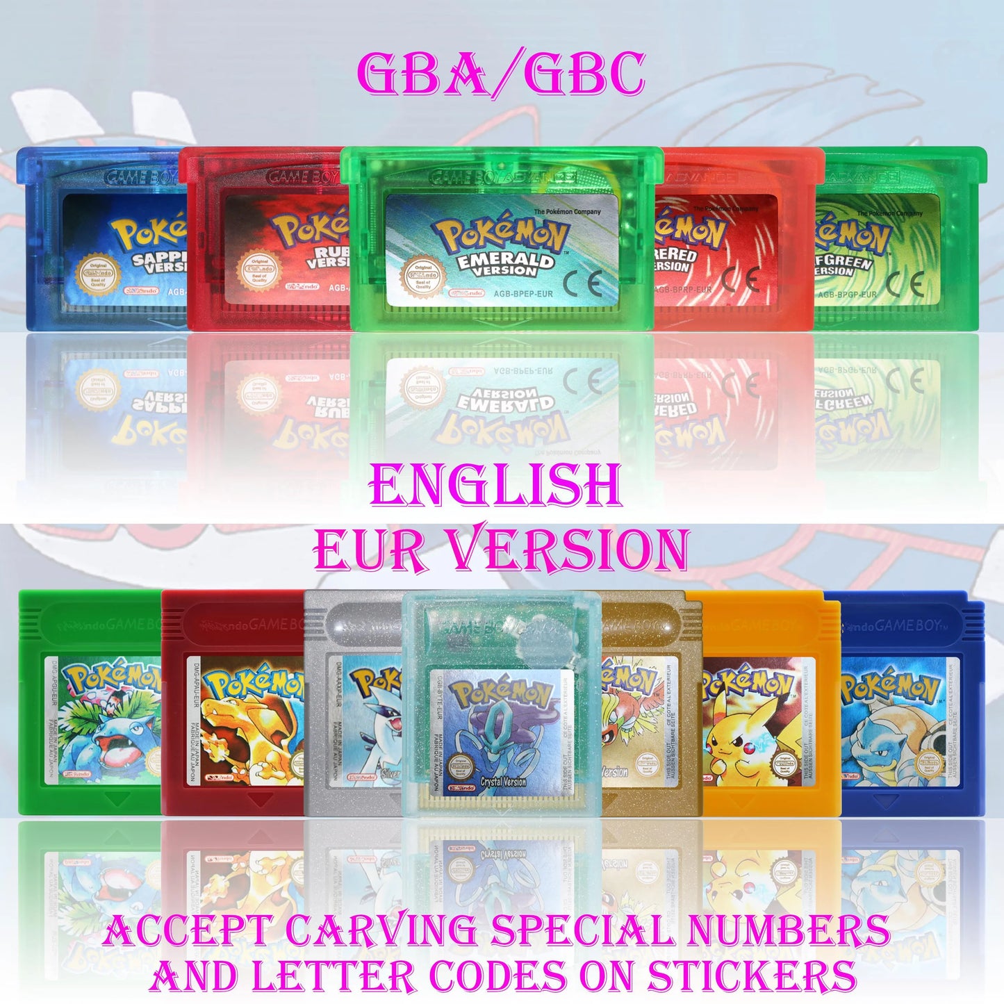 GBC/GBA EUR Version Pokemon Crystal/Yellow/Emerald/Fire Red/Leaf Green Game Cartridge Video Game Card High Quality with Battery