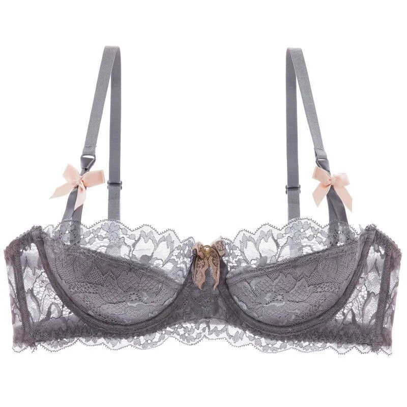 French Pure Passion Bow Shaped Shoulder Strap Lace Sexy Half Cup Push Up Bra Set Women's Thin Lingerie Big Breast Small Cup S-XL
