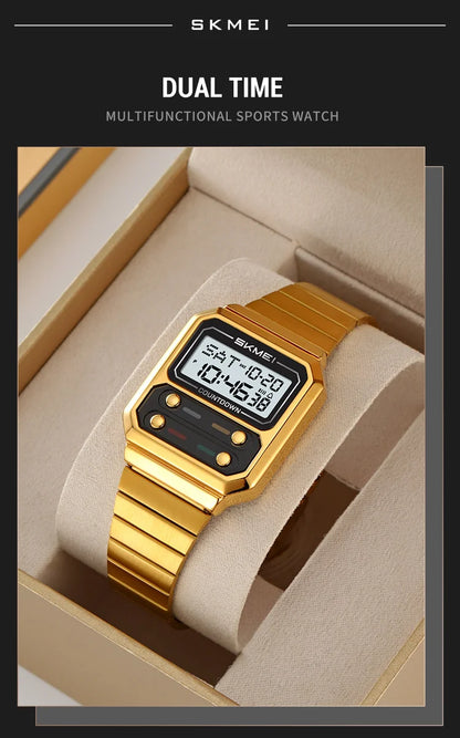 SKMEI 2448 Fashion Men Electronic Watch Vintage Business Luminous Calendar Waterproof Steel Strap Casual Digital Watches for Man