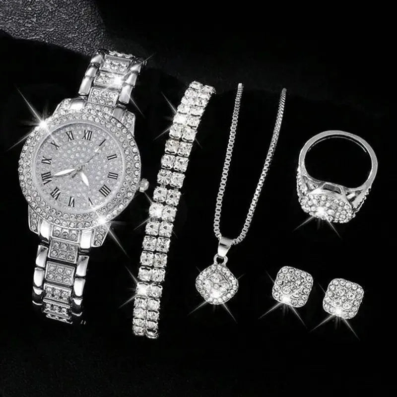 6PCS Women Watch Luxury Elegant Alloy Watch Crystal Wristwatch For Ladies Gift Quartz Watch Alloy Rhinestone Bracelet Montre