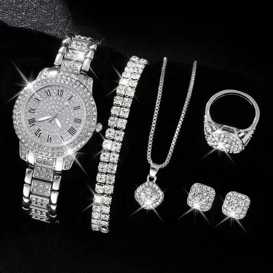 6PCS Women Watch Luxury Elegant Alloy Watch Crystal Wristwatch For Ladies Gift Quartz Watch Alloy Rhinestone Bracelet Montre