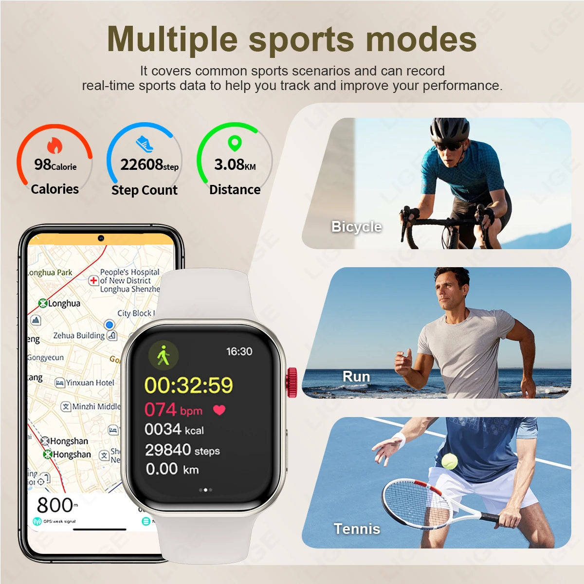 LIGE New 2.01-inch Smart Watch Men Women Heart Rate Health Monitor HD Bluetooth Call Waterproof Sport Smartwatch for Android iOS