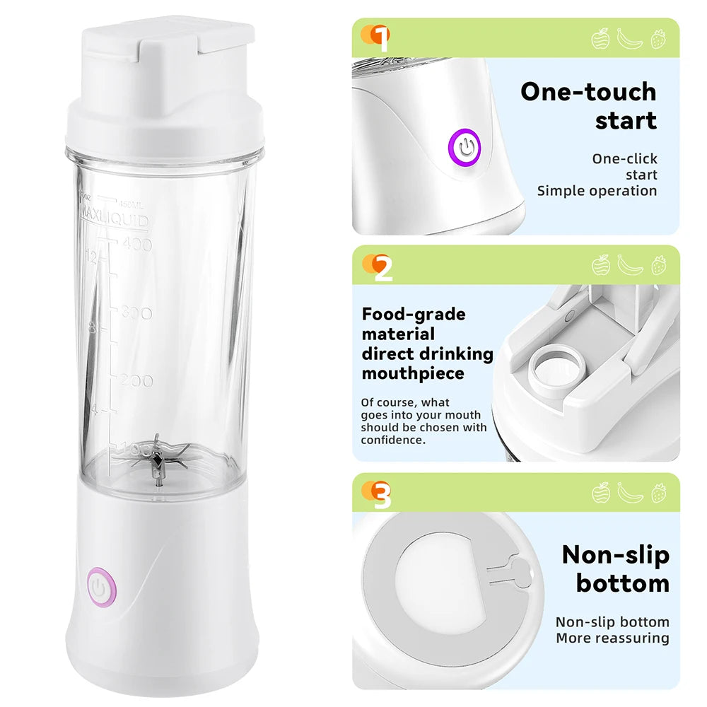 Portable Fruit Juicer Mini Blender 450ML Electric Juice Cup 12 Blades Rechargeable Blender For Shakes And Smoothies Ice Crusher