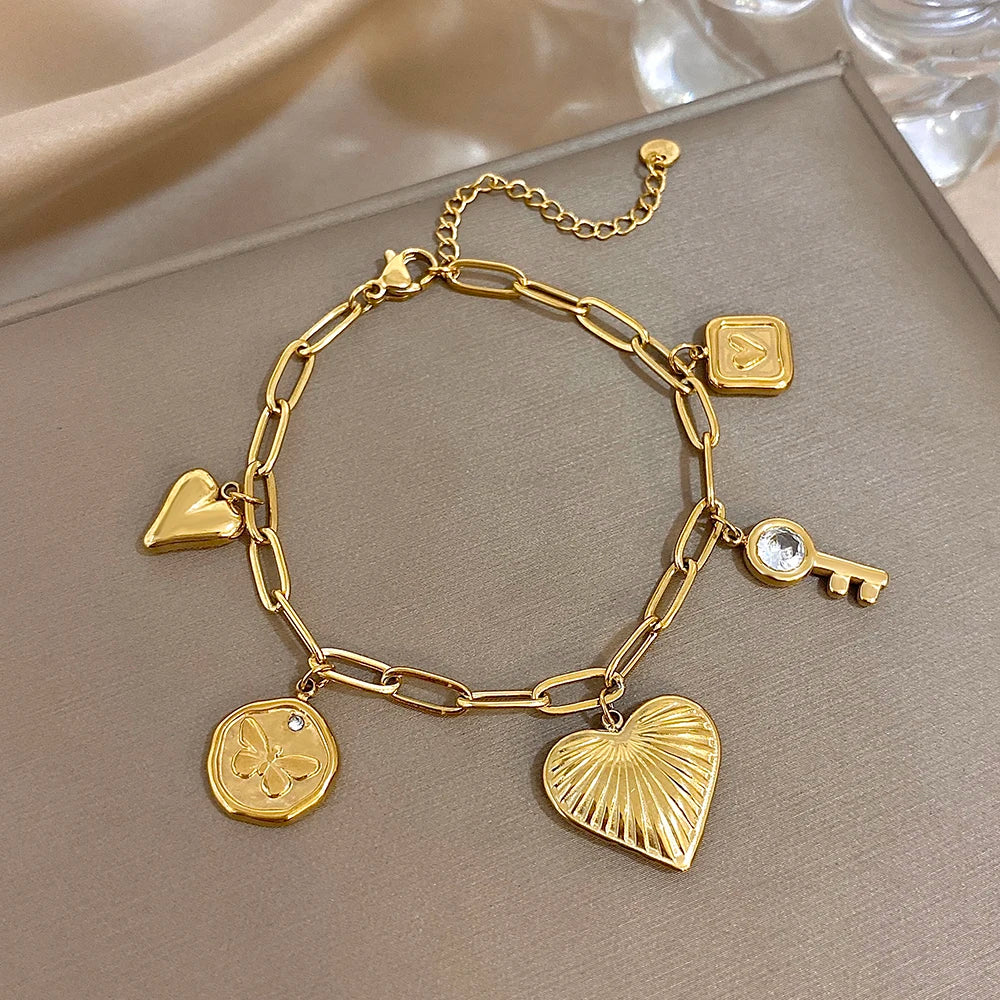 Fashion Gold Plated Stainless Steel Chain Bracelet for Women Cute Star Heart Cherry Tassel Charms Bracelets Waterproof Jewelry