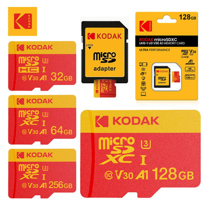 Kodak Mircosd Card with Adapter U3 V30 Class 10 Micro sd Card Memory Card TF Card 32GB/64GB/128GB/256GB Supports 4K & Full HD