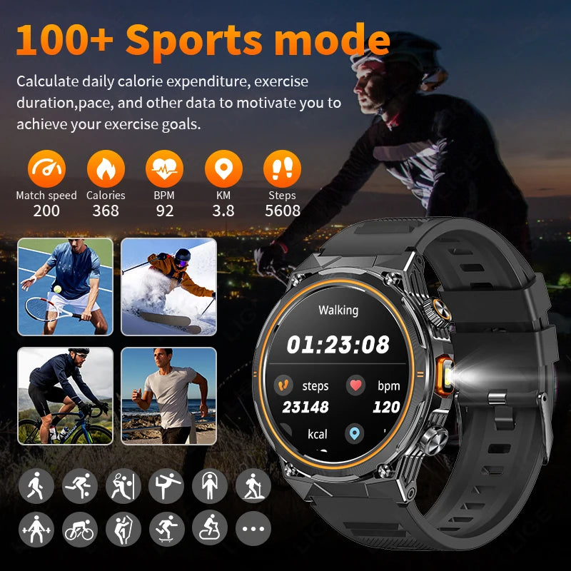 LIGE 2026 Nowy Zewnętrzny Wojskowy Zegarek Smartwatch z Baterią 400 mAh, Wodoodporność 5ATM, Latarka, Monitor Tętna, Tracker Sportowy dla Mężczyzn