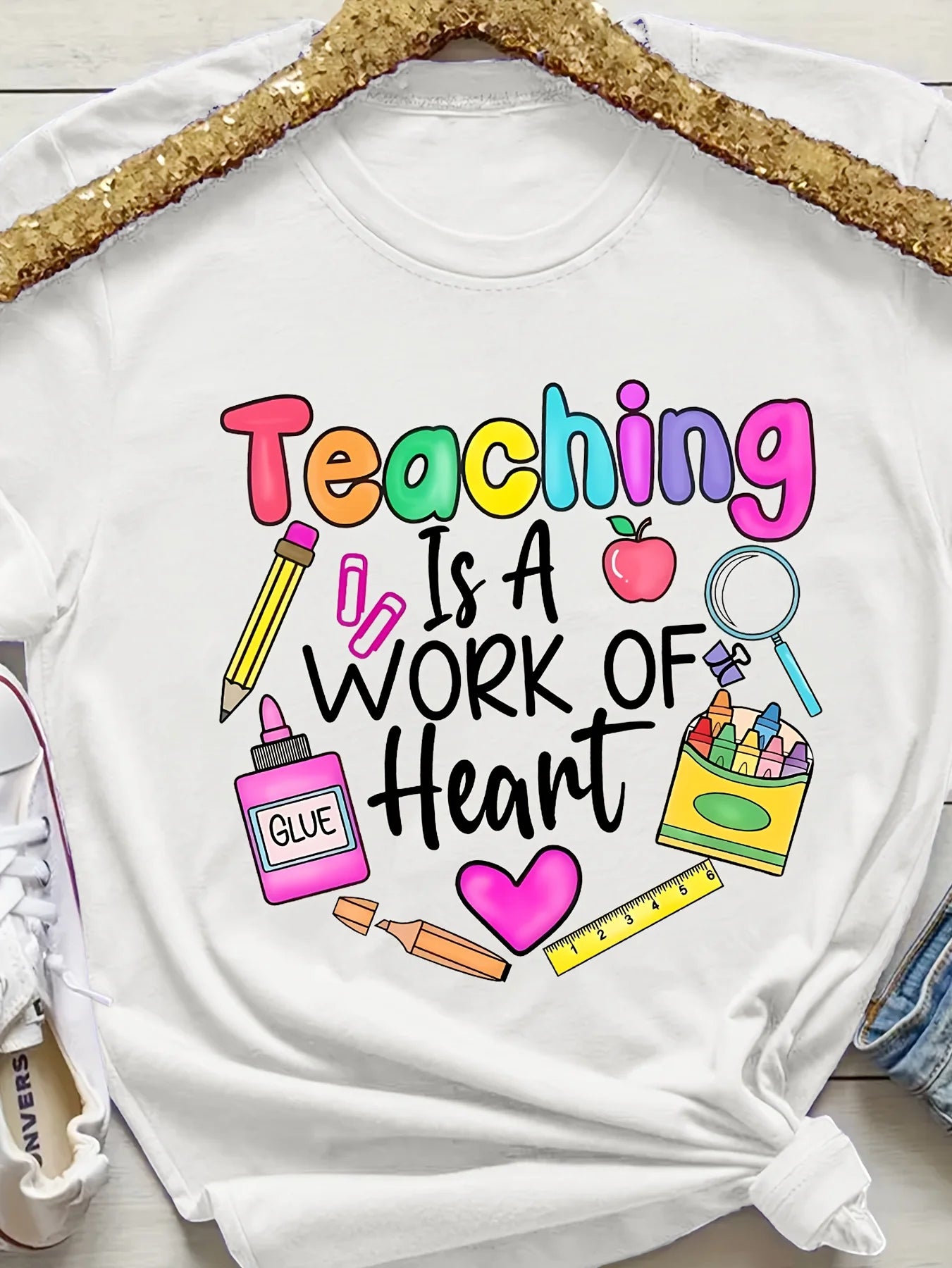 Teaching Is A Work Of Heart Women's Tee - Colorful Teacher Graphic, Casual Purple Top