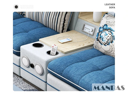 Modern U-Shaped Fabric Couch with Stools, Sectional Sofa Set with Storage Console & Cup Holder, Modular Corner Sofa with Pillows