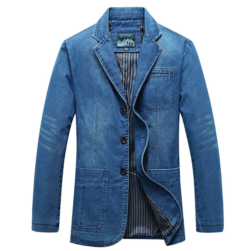 KIDWHXR Man Denim Blazer Autumn Business Casual Single-breasted Men Jacket Retro Loose Long Sleeve Pocket Male Jean Suit Coat
