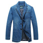 KIDWHXR Man Denim Blazer Autumn Business Casual Single-breasted Men Jacket Retro Loose Long Sleeve Pocket Male Jean Suit Coat