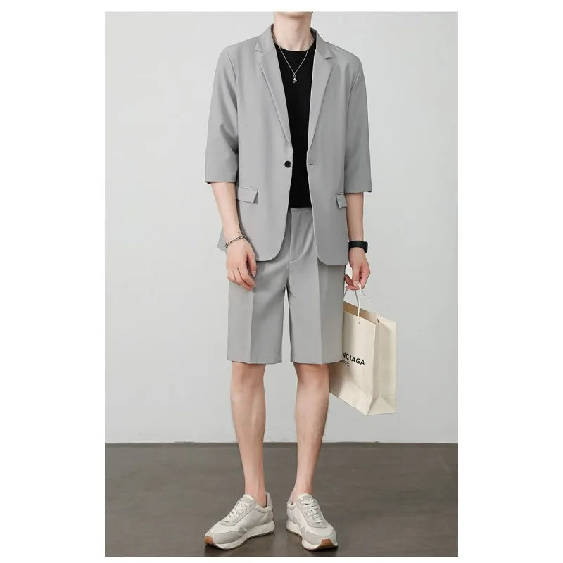 KIDWHXR Summer Men Outfit Thin Breathable Solid Color Male 2-piece Suit Set Loose Business Casual Man Short Sleeve Suits