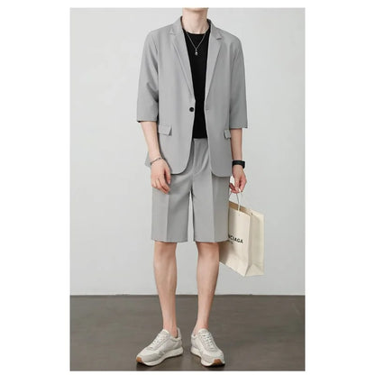 KIDWHXR Summer Men Outfit Thin Breathable Solid Color Male 2-piece Suit Set Loose Business Casual Man Short Sleeve Suits