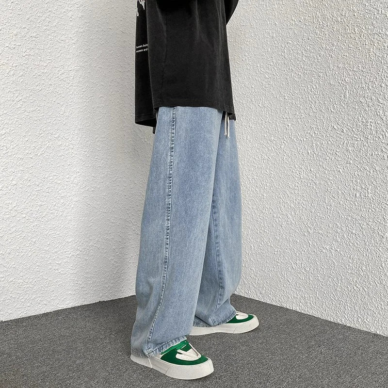 Boyfriend Style Vintage Solid Draped Denim Jeans, Loose Straight Korean High Street Y2K Hip Hop Floor-Length Wide Leg Pants