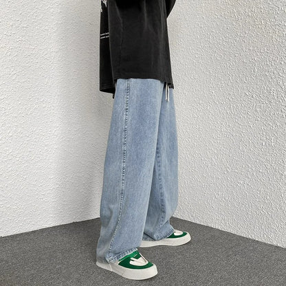 Boyfriend Style Vintage Solid Draped Denim Jeans, Loose Straight Korean High Street Y2K Hip Hop Floor-Length Wide Leg Pants