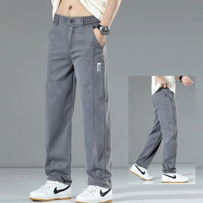 Summer Thin Men's Loose Straight Jeans Lyocell Soft Drape Business Casual Trousers Classic Smoke Gray Brand Ice Silk Denim Pants