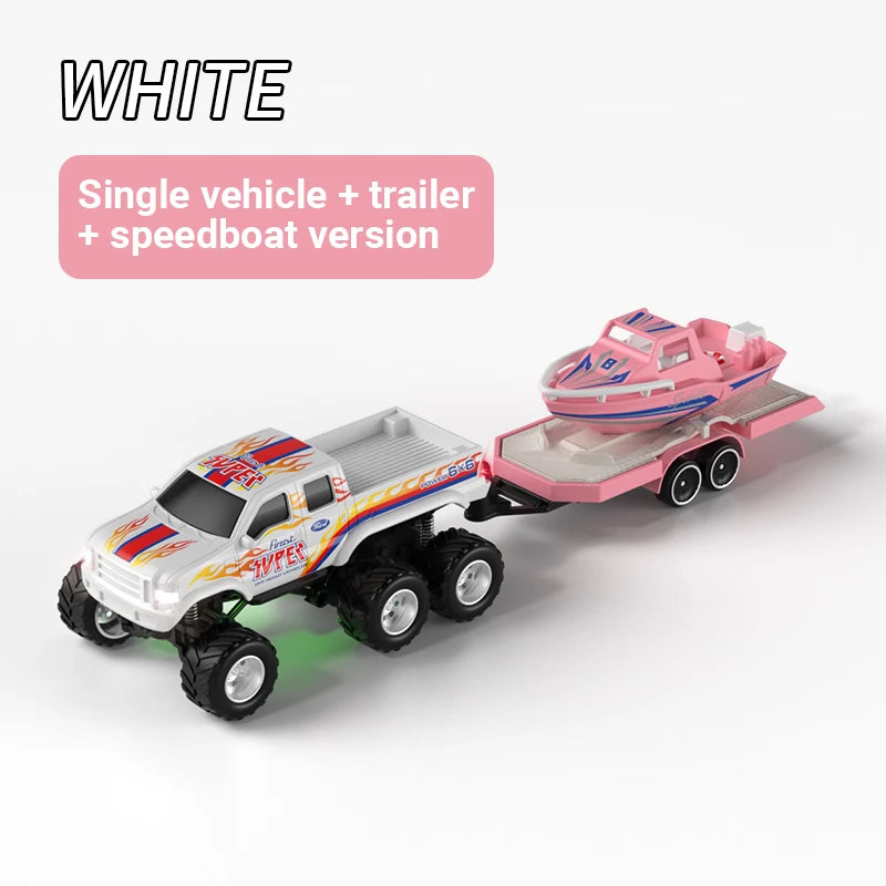 JJRC 1:64 Mini 6-Wheel Alloy RC Offroad Pickup Truck With Trailer & Speedboat Full Proportional Remote Control Car Boys Gift Toy