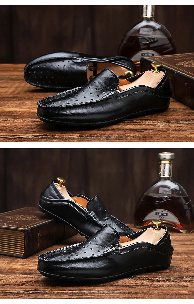 Men's Driving Shoes Large Size Loafers Hollow out Casual Bean Bean Shoes Leather Slip-On Footwear for Men