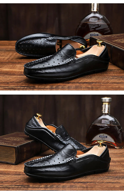 Men's Driving Shoes Large Size Loafers Hollow out Casual Bean Bean Shoes Leather Slip-On Footwear for Men