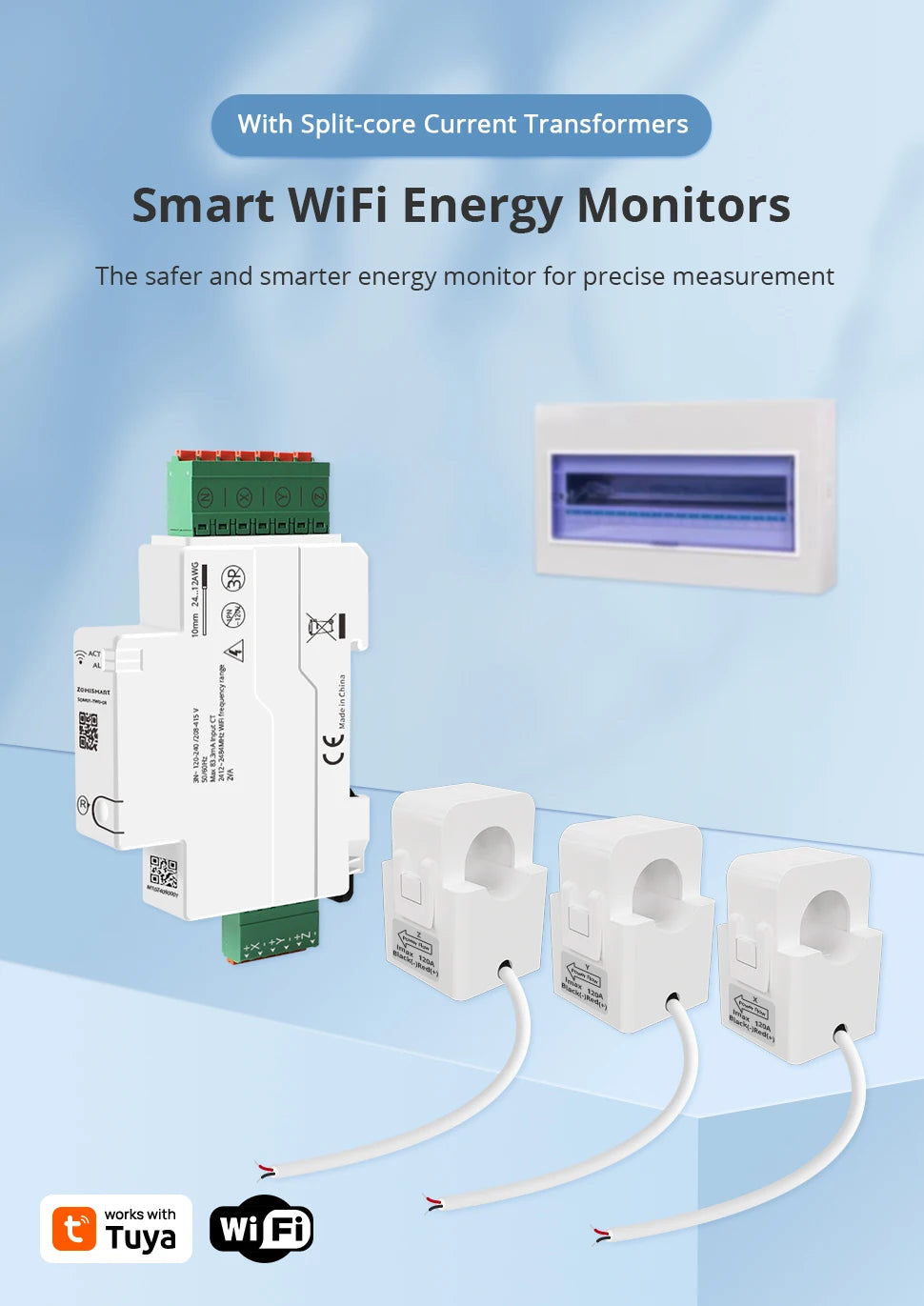 Zemismart 120A Zigbee WiFi 3 Phase Energy Meter Smart Din-rail Power Monitor Withdrawable Split-core CTs Works with Tuya App