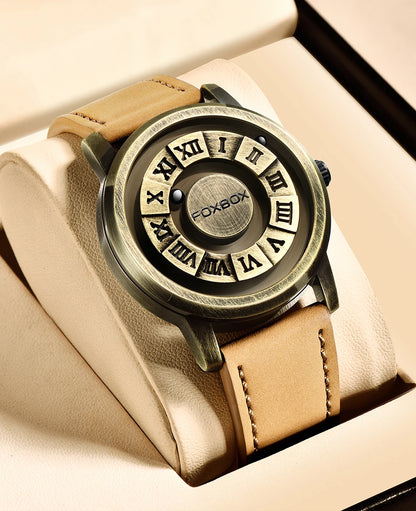 FOXBOX Fashion Leather Watch Men Creative Rolling Pointer Design Watch Men Casual Business Military Men's Quartz WristWatches