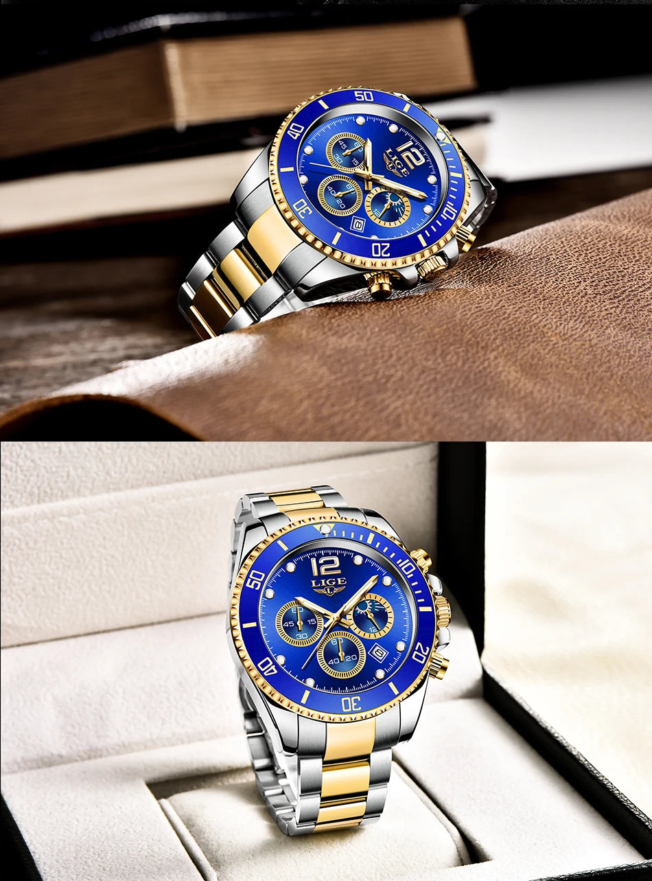 LIGE Outdoor Sport Watch For Men Fashion Military Waterproof Luminous Men Watch Round Stainless Steel Quartz Chronograph Male