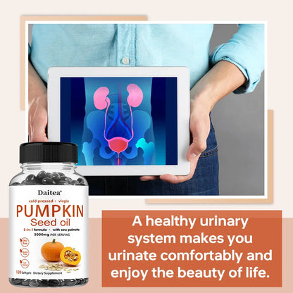 Pumpkin Seed Oil + Saw Palmetto Extract, Supports Prostate and Urinary System Health, Hair Care, Anti-Hair Loss, Men's Health