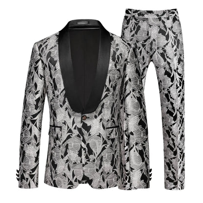 Man Outfit Fashion Printed Patchwork Slim Long Sleeve Men Suit Sets Single-breasted Blazer Straight-leg Pants Male 2-piece Suits